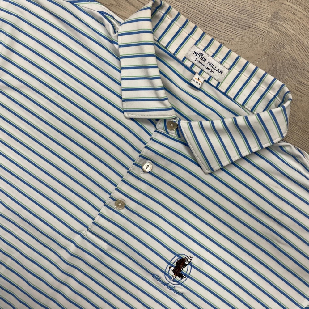 Peter Millar Polo Shirt Men L White Blue Striped Shoal Creek Summer Comfort FAIR